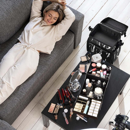 Soft Sided Rolling Makeup Train Case Cosmetic Organizer Crocodile Makeup Case Trolley for Makeup Artist Nail Technician Hairstylist Crafters with Detachable Pouch & Shoulder Strap,Black