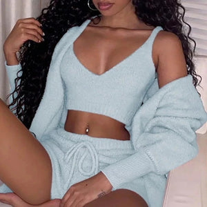3pcs Womens Clothing Long Sleeve Crop Tank Top And Drawstring Shorts Pajama Set - Dazzling Beauty Solution