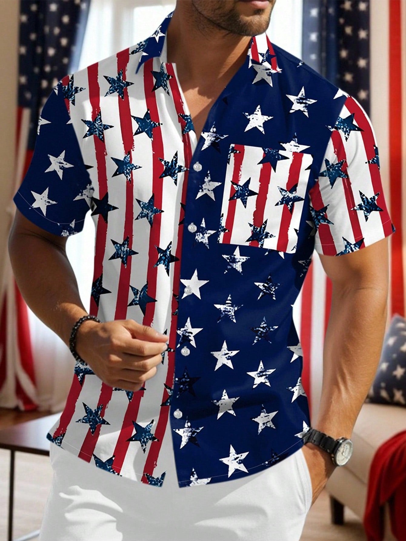 Manfinity Homme Men'S Summer USA Flag Printed Short Sleeve Single-Breasted Casual Shirt for 4Th of July