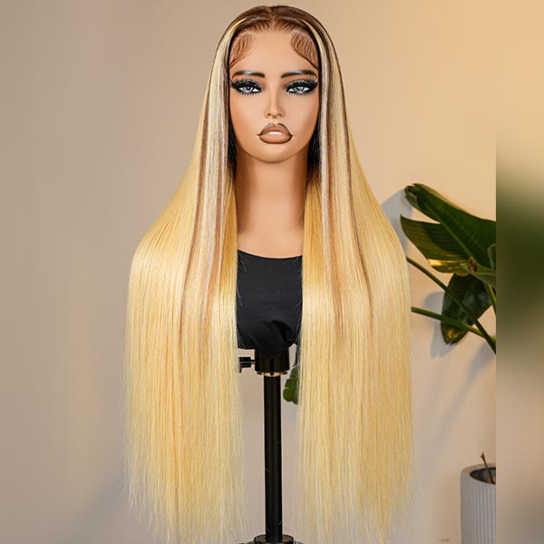 Honey Blonde Ombre Wig Super Invisible Lace Wig Straight Human Hair With Dark Roots