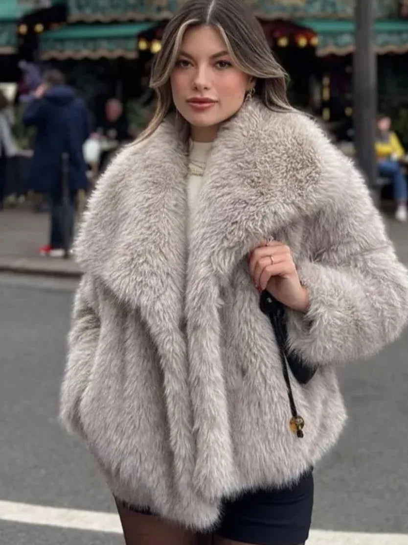 Winter Plush Coat Fashion Warm Thicken Fluffy Lapel Jacket Outwear Casual Long Sleeve Tops Womens Clothing - Dazzling Beauty Solution