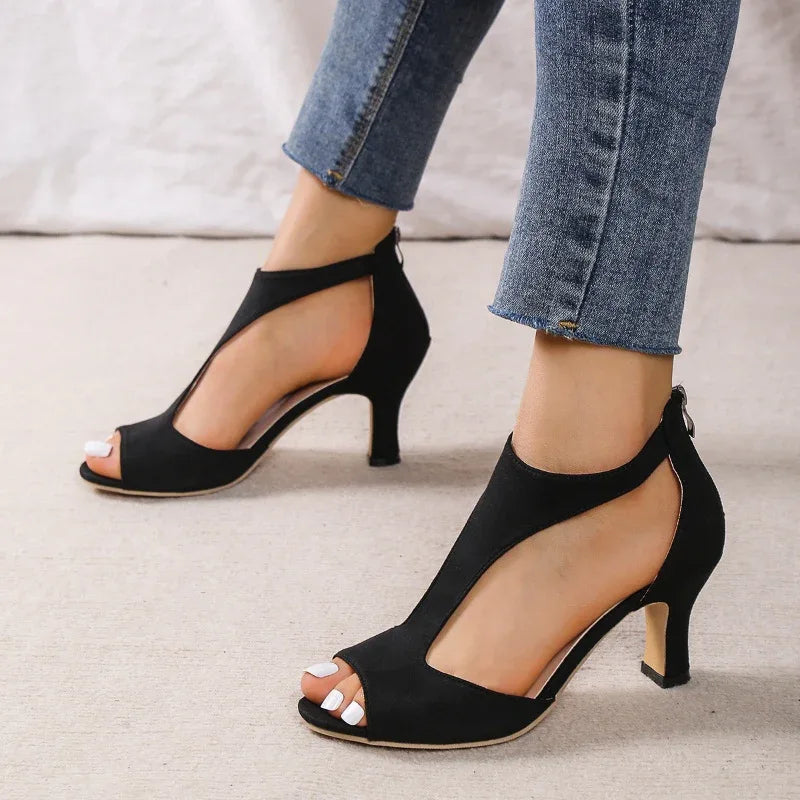 Women's Zippered High Heeled Fish Beak Sandals - Dazzling Beauty Solution