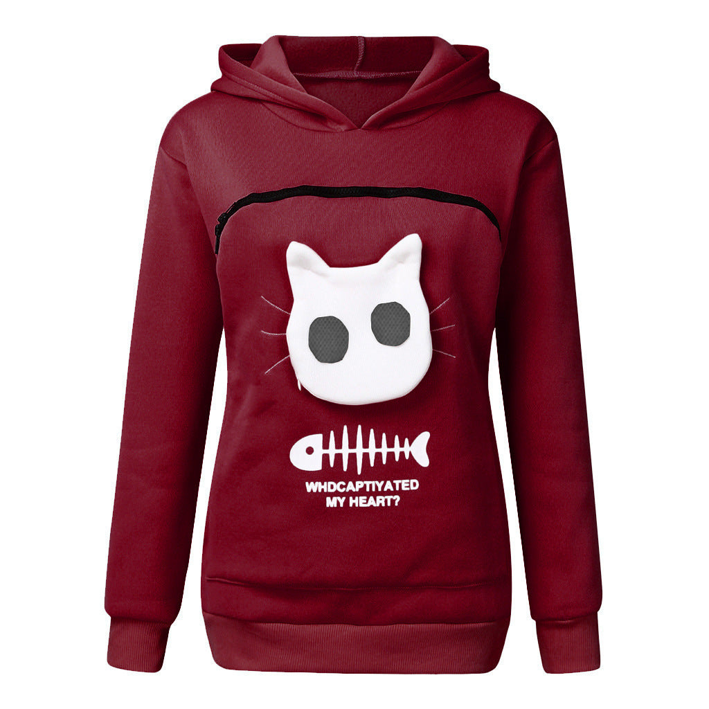 Women Hoodie Sweatshirt With Cat Pet Pocket Design Long Sleeve Sweater Cat Outfit - Dazzling Beauty Solution