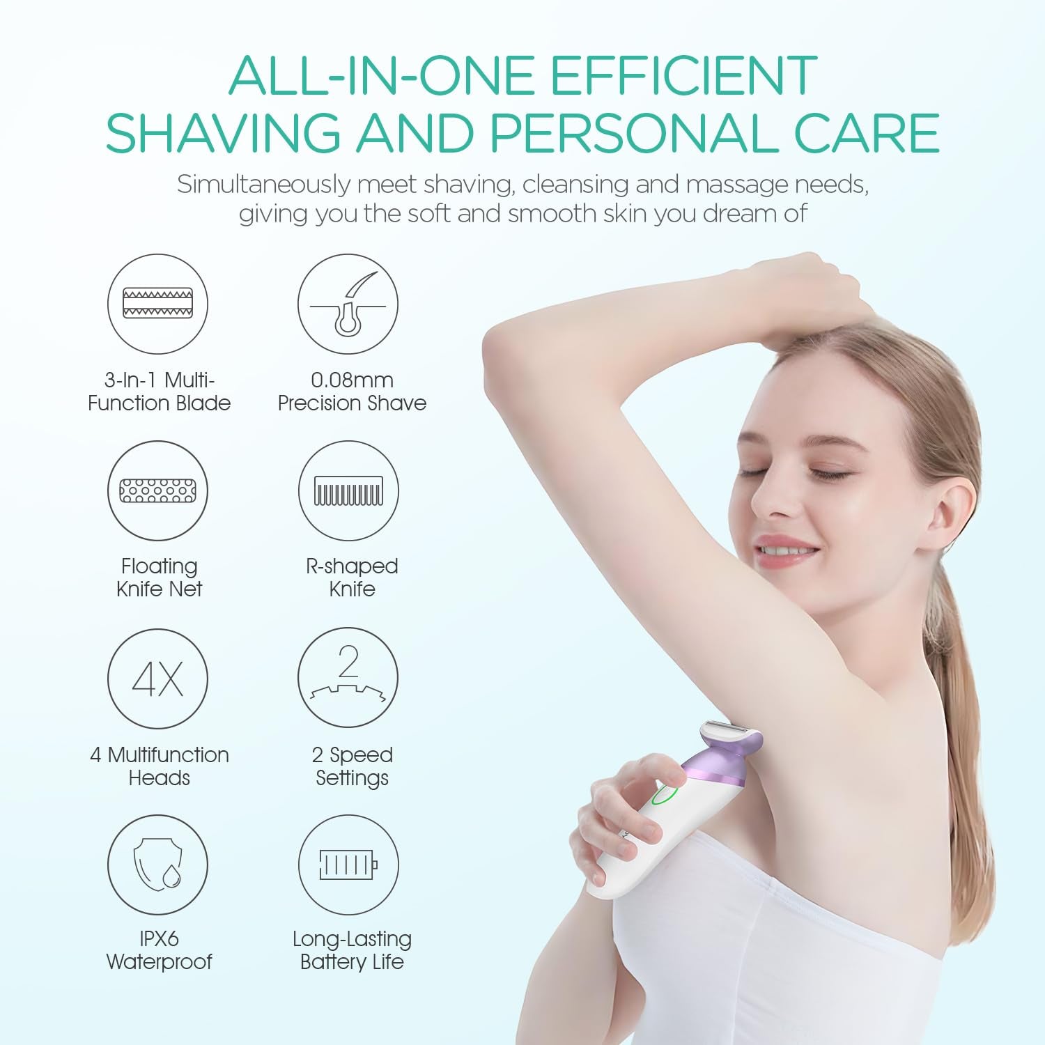 Electric Razors for Women 4 in 1 Bikini Trimmer, Foil Shaver for Women 4 Replacement Heads for Body, Pubic Hair Trimmer, Cleansing, Massage 2 Adjustable Speeds Rechargeable Shaver ES501 (Purple)