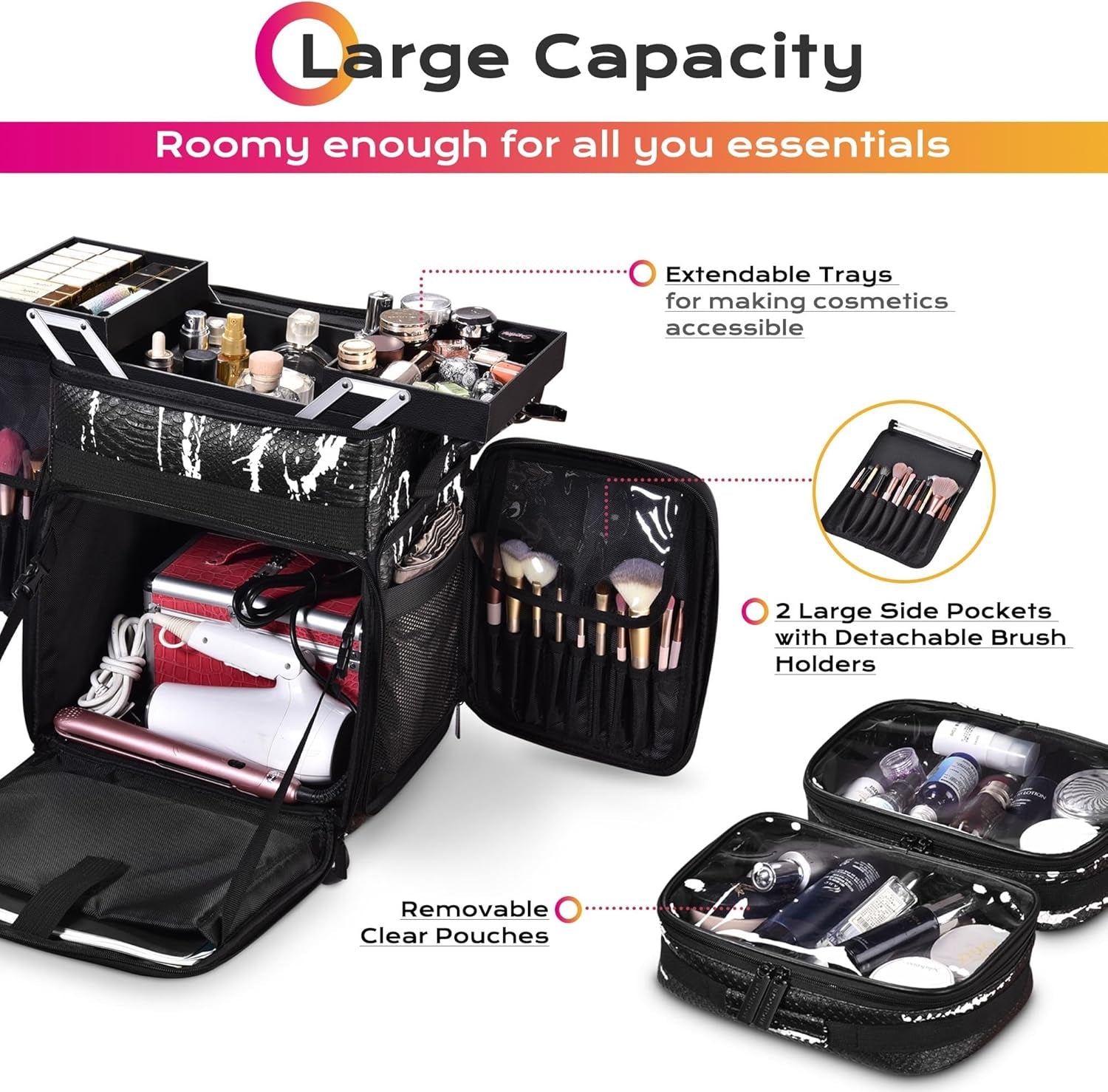 Soft Sided Rolling Makeup Train Case Cosmetic Organizer Crocodile Makeup Case Trolley for Makeup Artist Nail Technician Hairstylist Crafters with Detachable Pouch & Shoulder Strap,Black