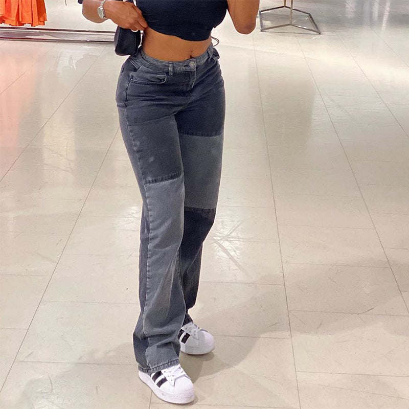 Women’s Gray & Black Contrast Stitching Jeans – Hip-Hop Street Style Denim - Dazzling Beauty Solution