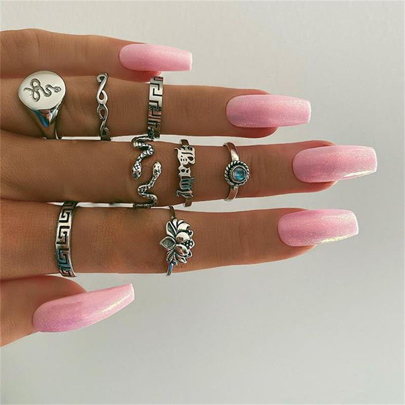 Vintage Lotus & Snake Diamond Ring Set – 8-Piece Stackable Set - Dazzling Beauty Solution