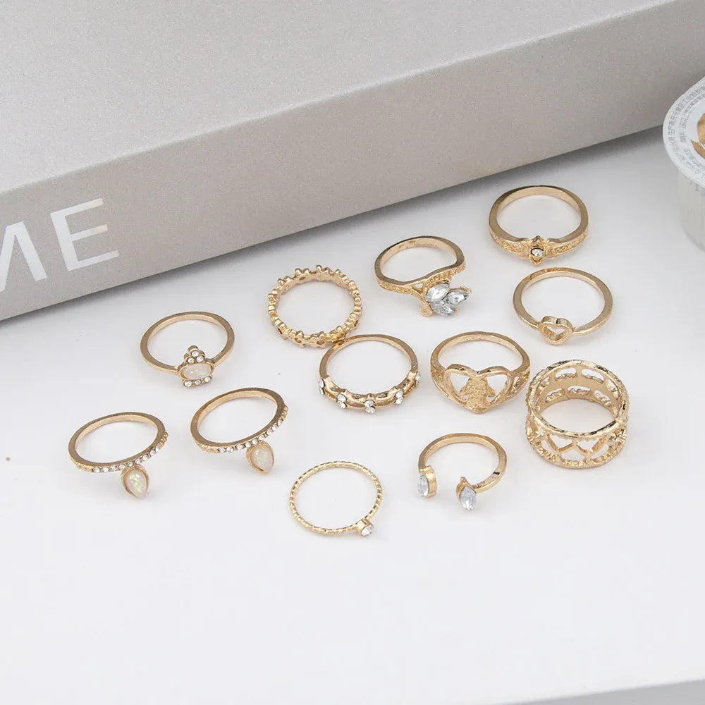 Vintage Lotus & Snake Diamond Ring Set – 8-Piece Stackable Set - Dazzling Beauty Solution