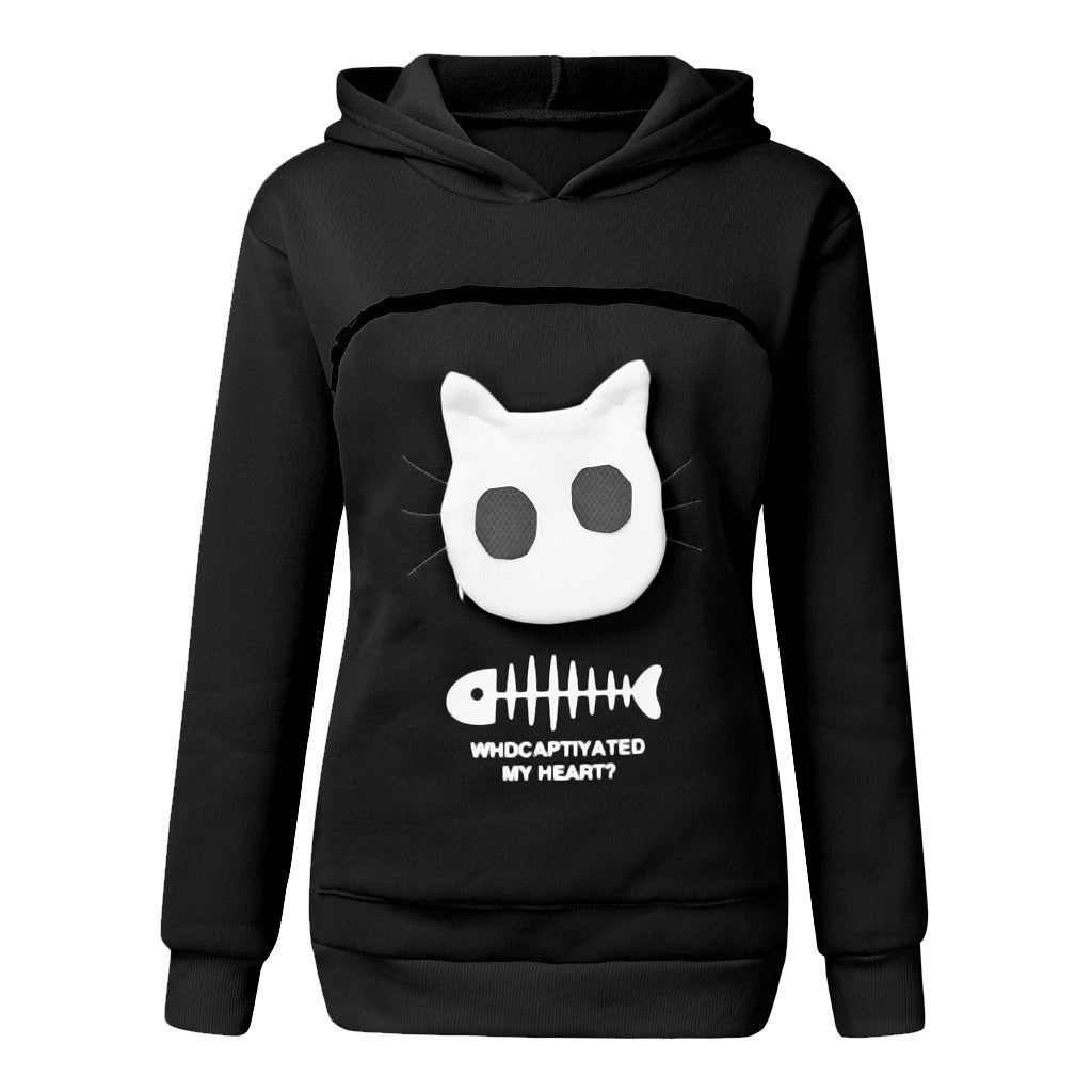 Women Hoodie Sweatshirt With Cat Pet Pocket Design Long Sleeve Sweater Cat Outfit - Dazzling Beauty Solution