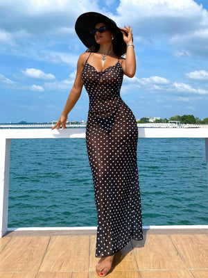 Swim Vcay Summer Clothes Sexy Casual Vacation Polka Dot Print Spaghetti Strap Sheer Maxi Beach Cover up Dress, for Ladies Summer