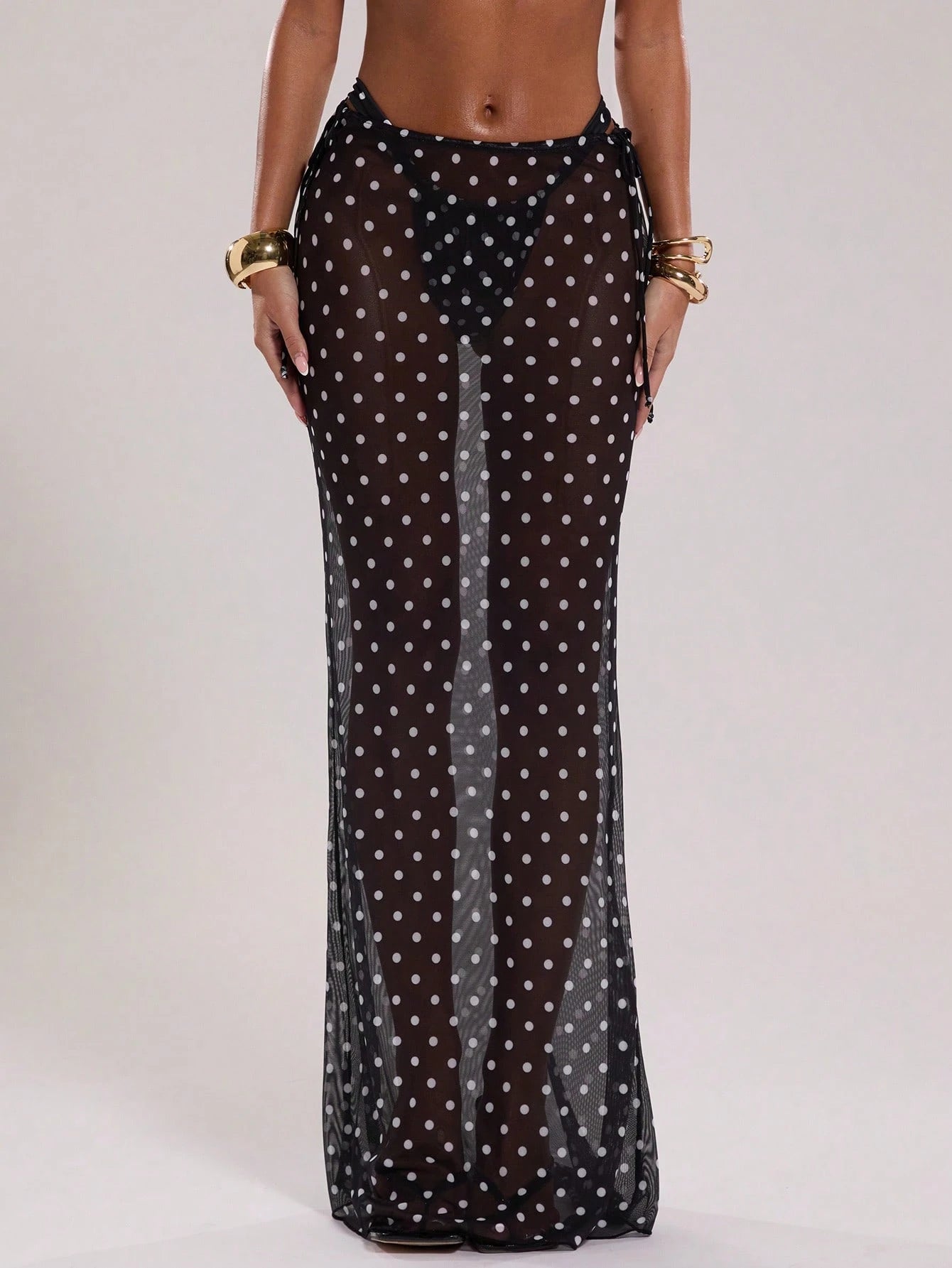 BAE Women'S New Arrival Black & White Polka Dot Low Waist Drawstring Resort Swimwear, Elegant & Sexy Cover Up, the Seduction of Dark Romance