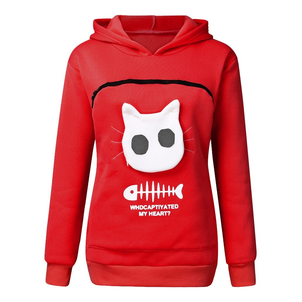 Women Hoodie Sweatshirt With Cat Pet Pocket Design Long Sleeve Sweater Cat Outfit - Dazzling Beauty Solution