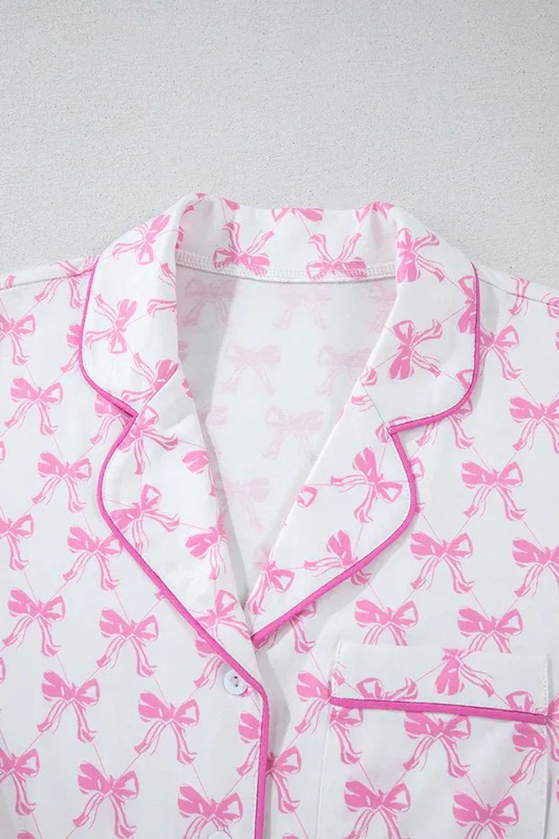 Bowknot Shirt and Ruffle Hem Shorts Pajama Set - Dazzling Beauty Solution