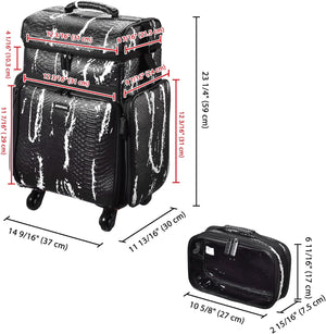 Soft Sided Rolling Makeup Train Case Cosmetic Organizer Crocodile Makeup Case Trolley for Makeup Artist Nail Technician Hairstylist Crafters with Detachable Pouch & Shoulder Strap,Black