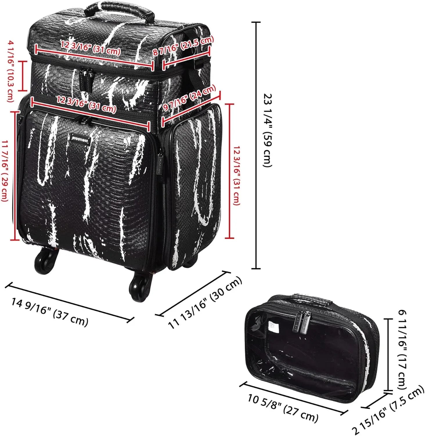 Byootique Rolling Makeup Train Case – Crocodile Leather Texture (Black & White) - Dazzling Beauty Solution