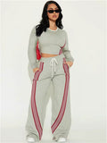 Stylish Contrast Stripe 2-Piece Women's Set: O-Neck Full Sleeve Crop Top & Drawstring Long Pants for Casual Sports Vibes! - Dazzling Beauty Solution