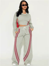 Stylish Contrast Stripe 2-Piece Women's Set: O-Neck Full Sleeve Crop Top & Drawstring Long Pants for Casual Sports Vibes!