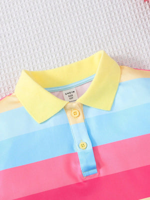 Tween Girls Casual Fitted Striped Color-Block Polo Collar Short Sleeve Knit Dress