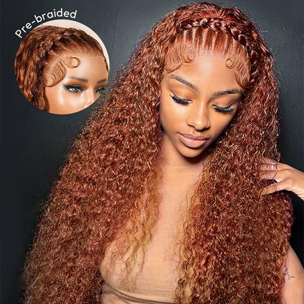 Pre-Braided Burnt Orange Stylist Wig Deep Wave 13x4 Lace Frontal Pre-plucked