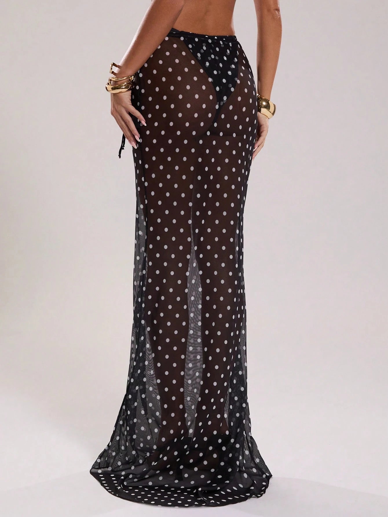 BAE Women'S New Arrival Black & White Polka Dot Low Waist Drawstring Resort Swimwear, Elegant & Sexy Cover Up, the Seduction of Dark Romance