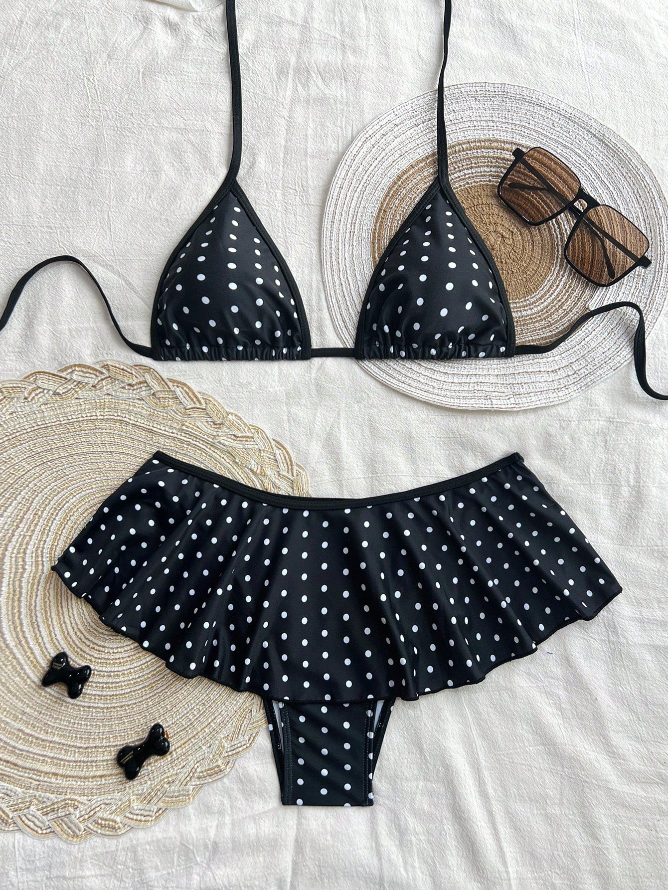 Swim Chiccia Springbreak 2Pcs Women Summer Beachwear Outfits, Polka Dot Spaghetti Strap Top and Ruffled Trim Contrast Colored Bikini Bottoms