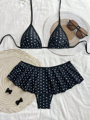 Swim Chiccia Springbreak 2Pcs Women Summer Beachwear Outfits, Polka Dot Spaghetti Strap Top and Ruffled Trim Contrast Colored Bikini Bottoms