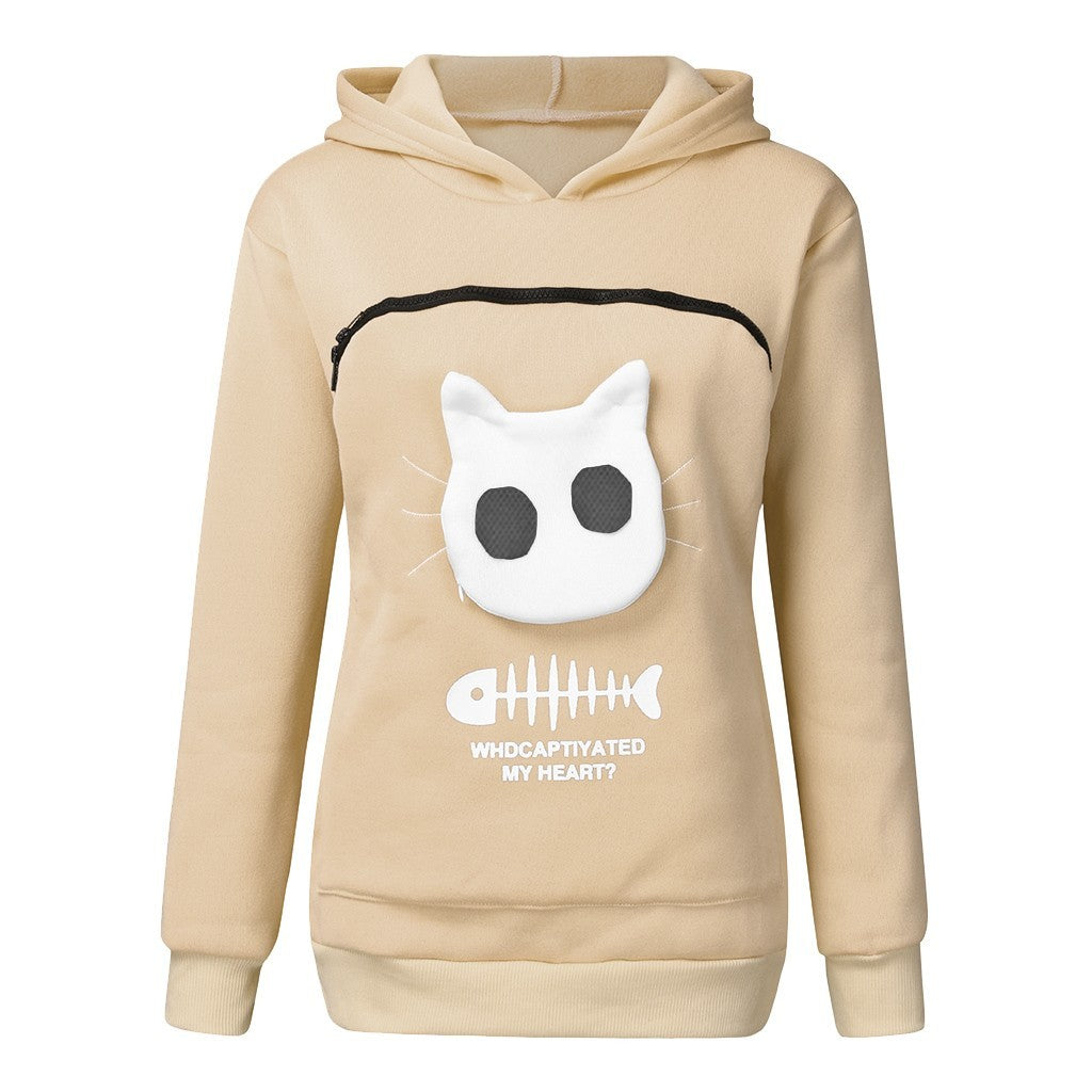 Women Hoodie Sweatshirt With Cat Pet Pocket Design Long Sleeve Sweater Cat Outfit - Dazzling Beauty Solution