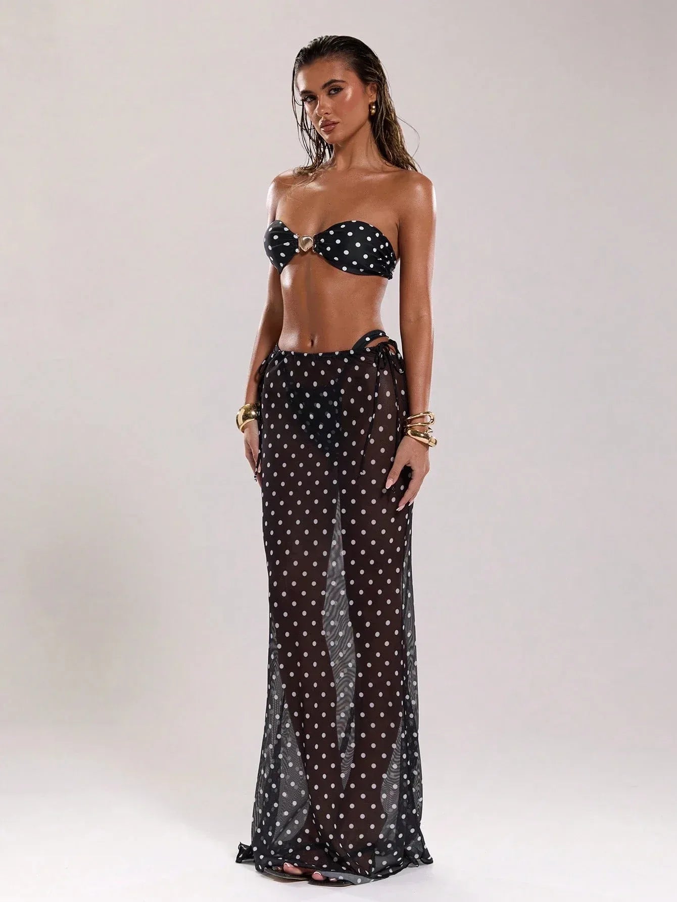 BAE Women’s New Arrival Black & White Polka Dot Low Waist Drawstring Resort Swimwear - Dazzling Beauty Solution