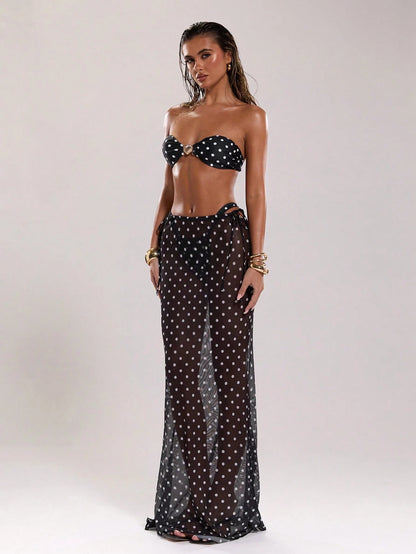 BAE Women'S New Arrival Black & White Polka Dot Low Waist Drawstring Resort Swimwear, Elegant & Sexy Cover Up, the Seduction of Dark Romance