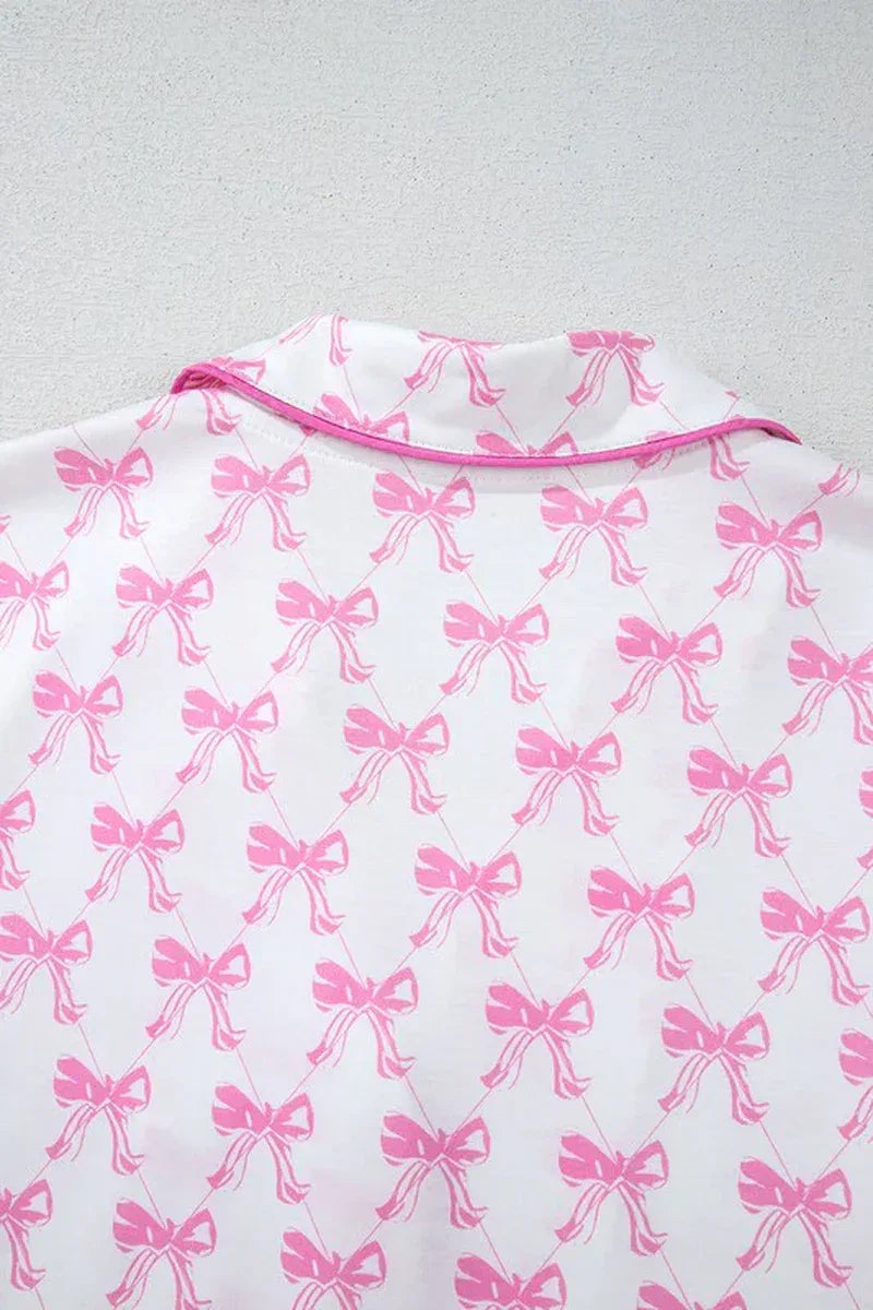 Bowknot Shirt and Ruffle Hem Shorts Pajama Set - Dazzling Beauty Solution