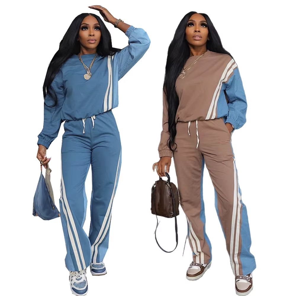 Elevate Your Fall Wardrobe with Our Stylish Women's Color Block Stripe Sweatsuit Set – Perfect for Sports and Leisure!
