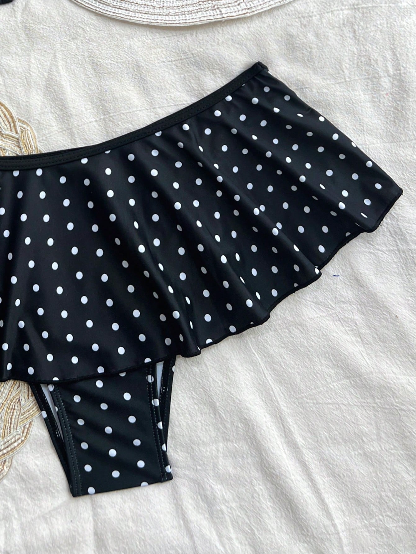 Swim Chiccia Springbreak 2Pcs Women Summer Beachwear Outfits, Polka Dot Spaghetti Strap Top and Ruffled Trim Contrast Colored Bikini Bottoms