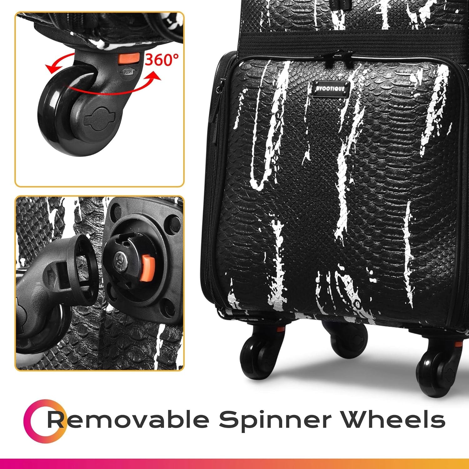 Soft Sided Rolling Makeup Train Case Cosmetic Organizer Crocodile Makeup Case Trolley for Makeup Artist Nail Technician Hairstylist Crafters with Detachable Pouch & Shoulder Strap,Black