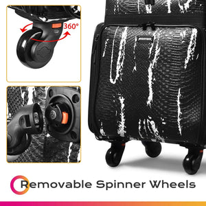 Soft Sided Rolling Makeup Train Case Cosmetic Organizer Crocodile Makeup Case Trolley for Makeup Artist Nail Technician Hairstylist Crafters with Detachable Pouch & Shoulder Strap,Black