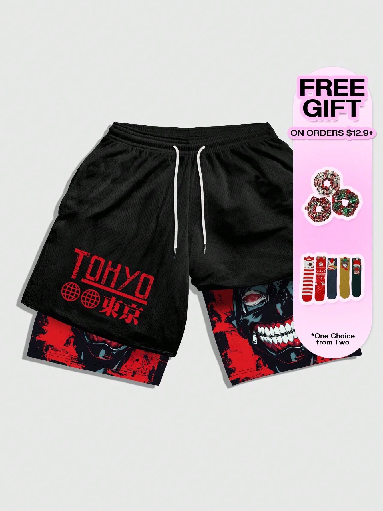 ROMWE MEN Anime Men'S Simple Figure Graphic Drawstring Waist Basketball Shorts, School