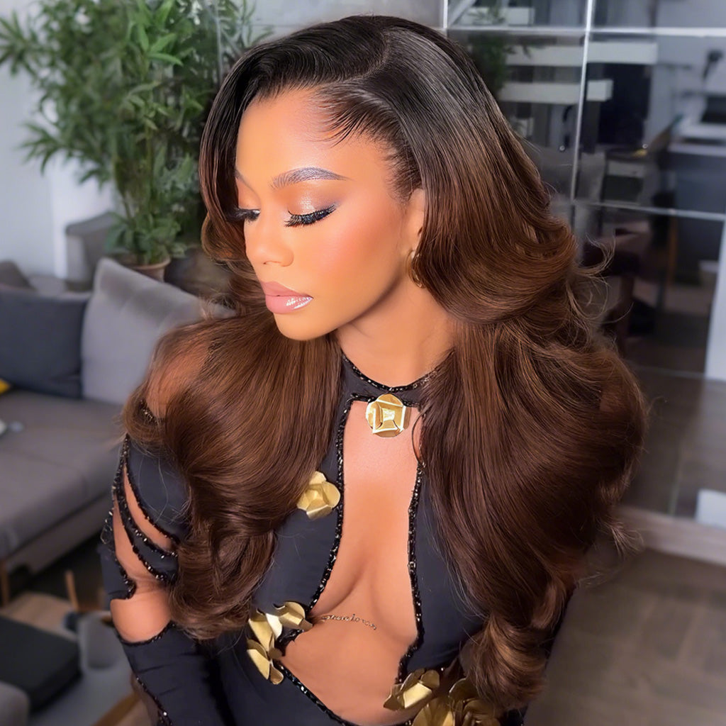 Ombre Brown With Dark Roots Loose Wave Layered Cut C-Side Part Glueless Wig 5x5 Pre-Cut Lace Human Hair Wig
