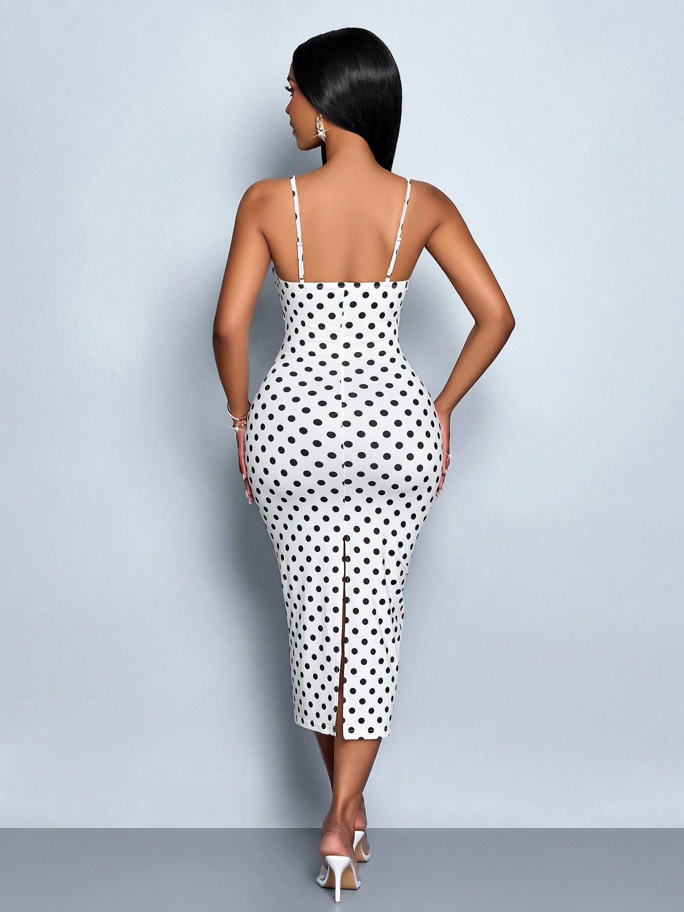 SOLERSUN Spring and Summer Elegant Commuting Retro Sexy Business Old-Money Style Casual Sleeveless V-Neck Valentine'S Day Wedding Season Party Holiday Music Festival Black Sexy Lace Suspender Waist Gathered Slimming Extreme Waist-To-Hip Ratio Short-Sleeved Hip-Covering White Polka Dot Mid-Length Dress for Women