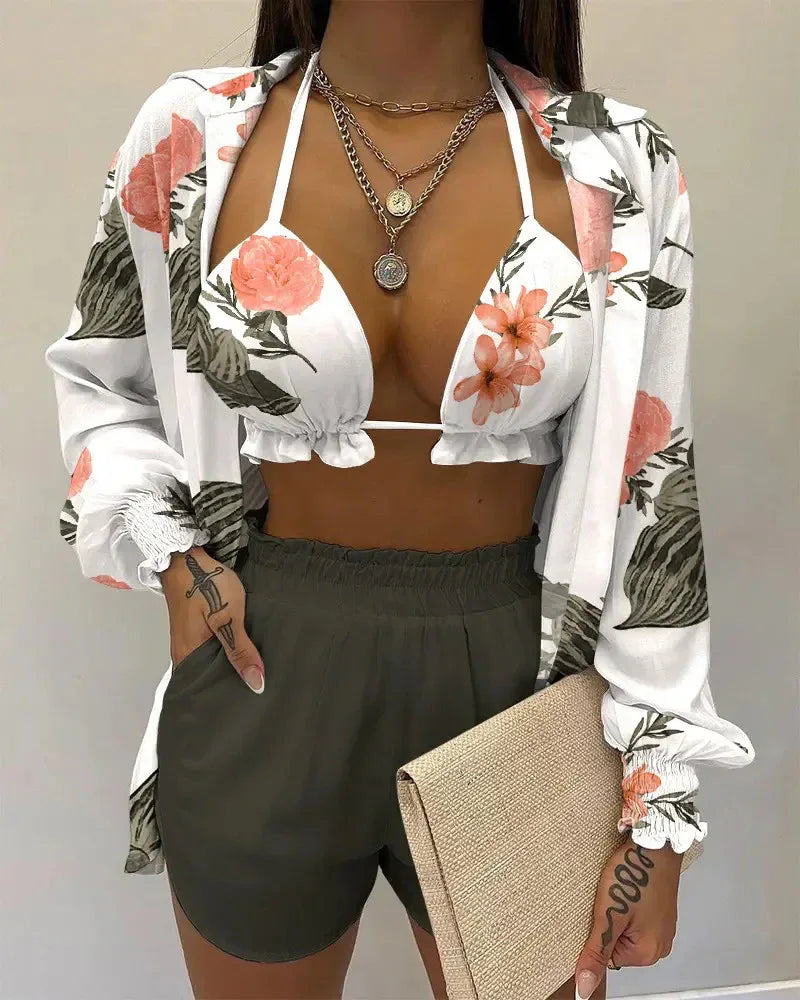 Women's Summer Solid Color Printing 3-piece Suit - Dazzling Beauty Solution