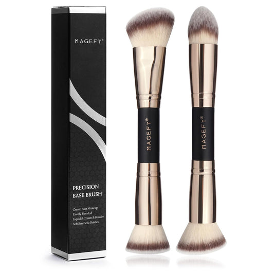 Foundation Makeup Brushes, 2Pcs Premium Double-Ended Makeup Brush (Flat/Angled/Angled Round/Tapered Top) for Buffing Liquid, Cream, Powder, Blending Contour Face Brush