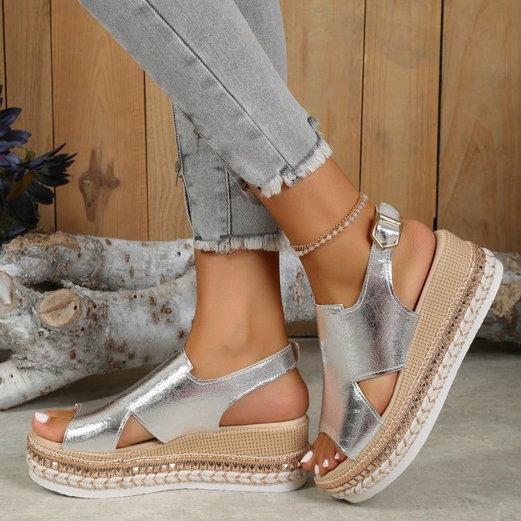 Summer Shiny Sandals Hollow Design Fish Mouth Sandal For Women Fashion Buckle Wedges Shoes - Dazzling Beauty Solution