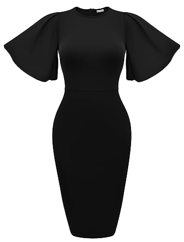 Women's Ruffle Sleeve Bodycon Midi Dress – Short Sleeve Pencil Dress