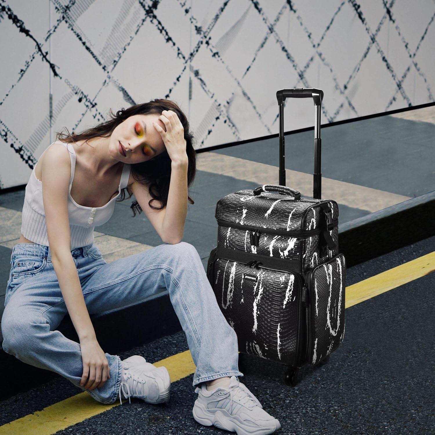 Soft Sided Rolling Makeup Train Case Cosmetic Organizer Crocodile Makeup Case Trolley for Makeup Artist Nail Technician Hairstylist Crafters with Detachable Pouch & Shoulder Strap,Black