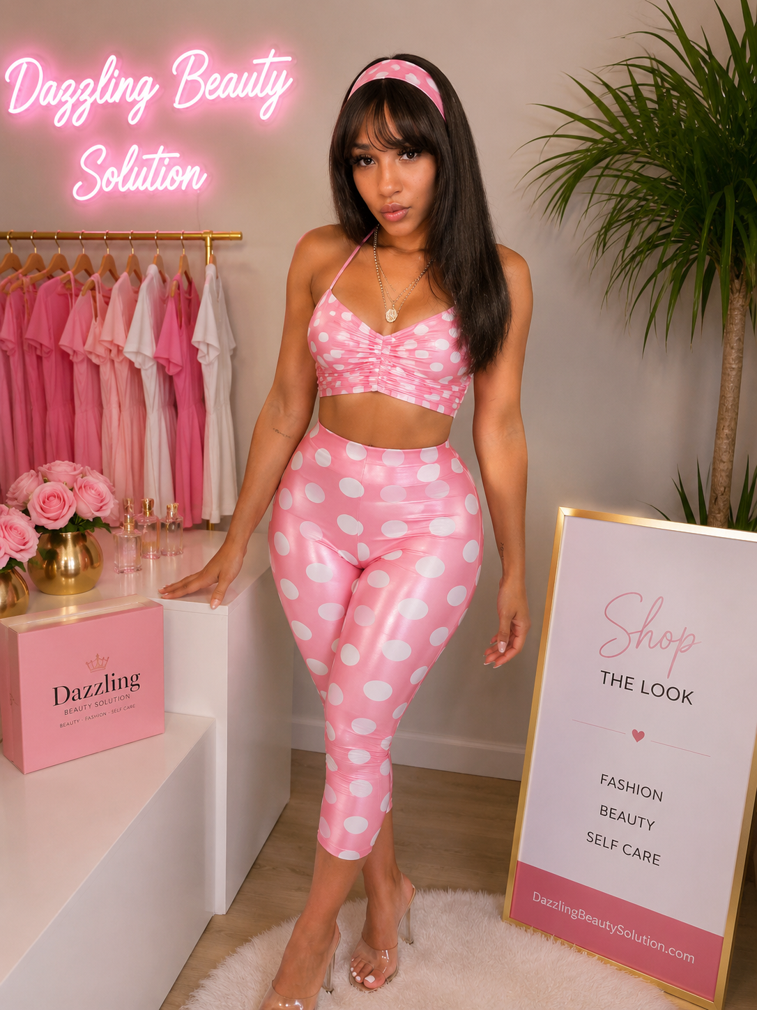 Women's Sexy Pink Polka Dot 3-Piece Set – Halter Crop Top, Capri Pants & Headband