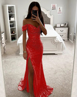 Women's Sequin Off-Shoulder Maxi Dress - Glamorous Party Gown