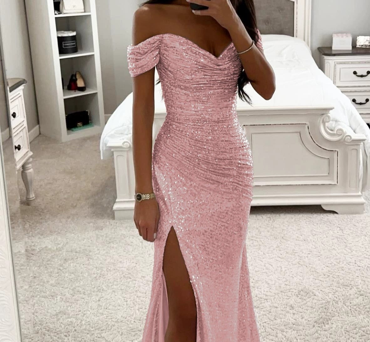 Women's Sequin Off-Shoulder Maxi Dress - Glamorous Party Gown