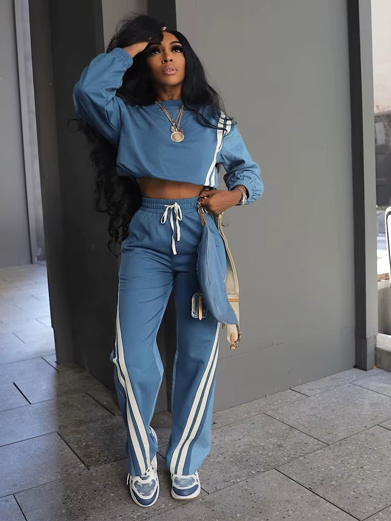 Elevate Your Fall Wardrobe with Our Stylish Women's Color Block Stripe Sweatsuit Set – Perfect for Sports and Leisure!