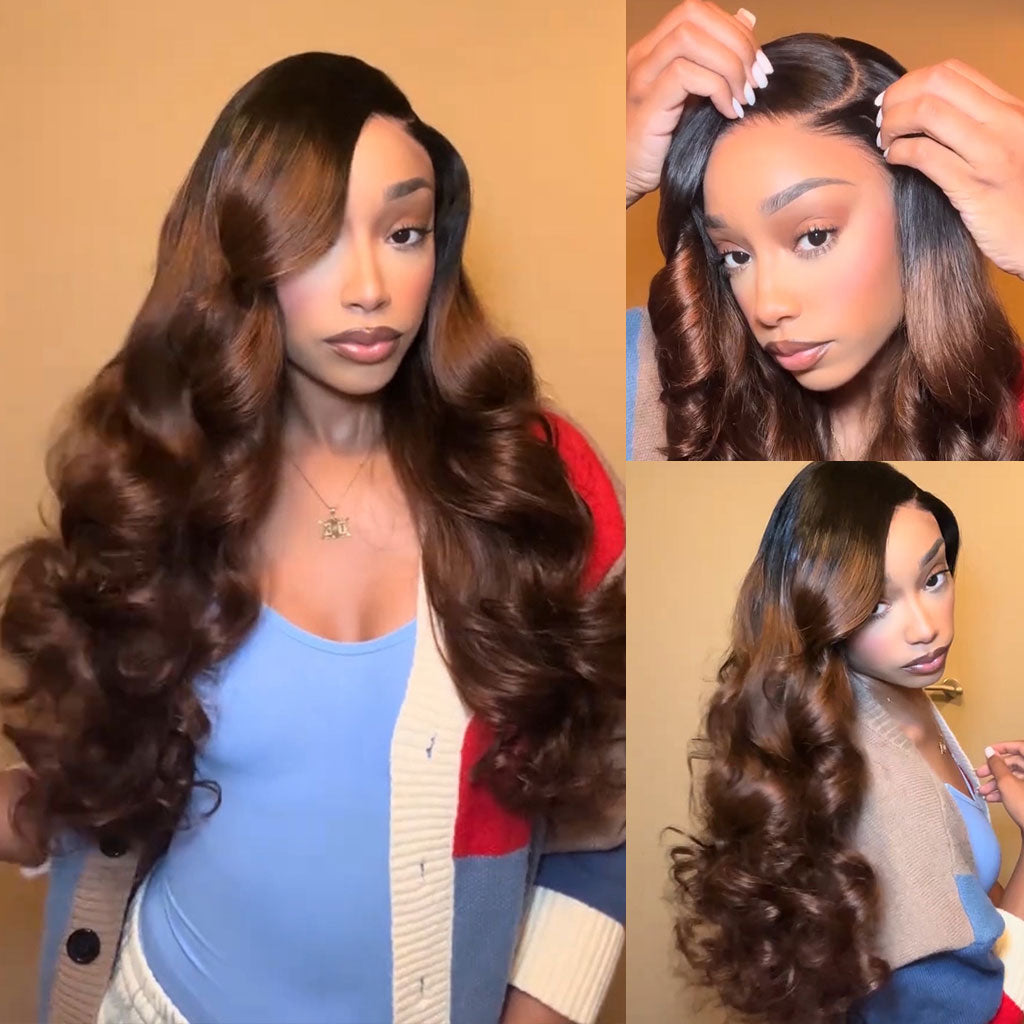 Ombre Brown With Dark Roots Loose Wave Layered Cut C-Side Part Glueless Wig 5x5 Pre-Cut Lace Human Hair Wig