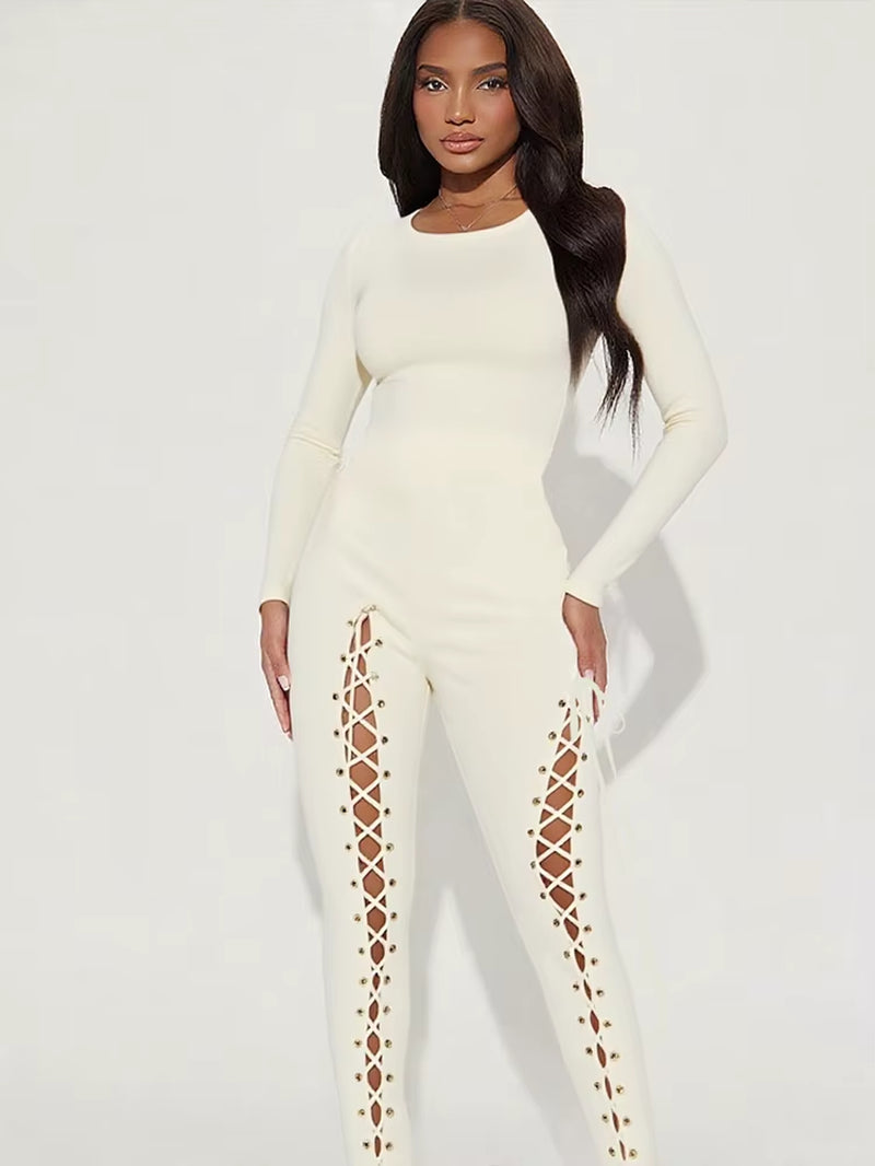 Sexy Fall Jumpsuits Women Diy Shirring O-Neck Full Sleeve Midnight Party Club Stretch Activity Fitness Slim Overalls