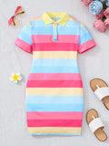 Tween Girls Striped Color-Block Polo Collar Knit Dress Casual Fitted Style - Dazzling Beauty Solution