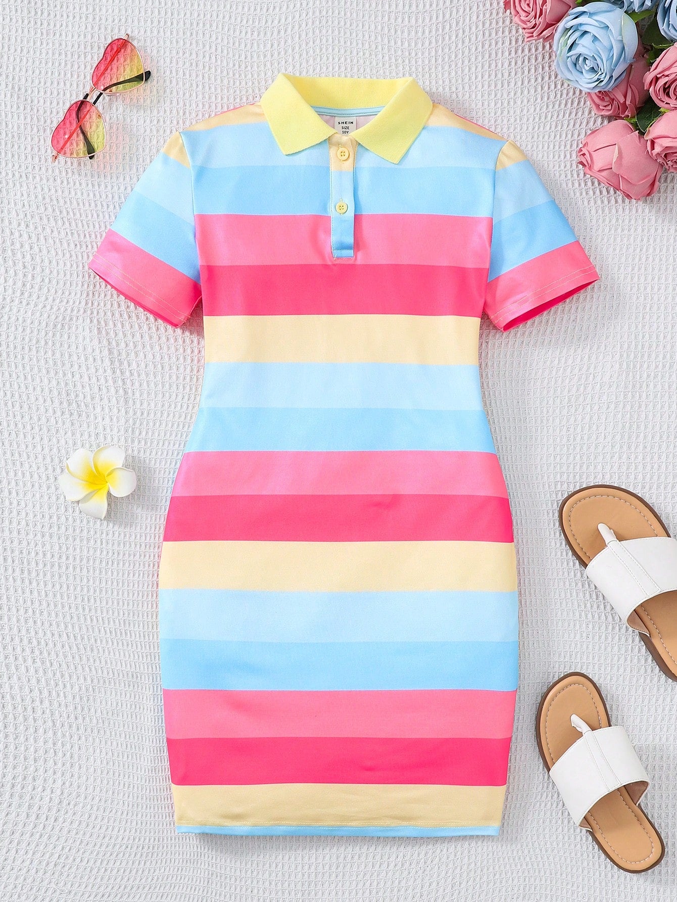 Tween Girls Casual Fitted Striped Color-Block Polo Collar Short Sleeve Knit Dress